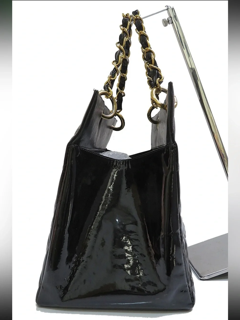 CHANEL Black Quilted Patent Leather Tote with Gold Chain Handles